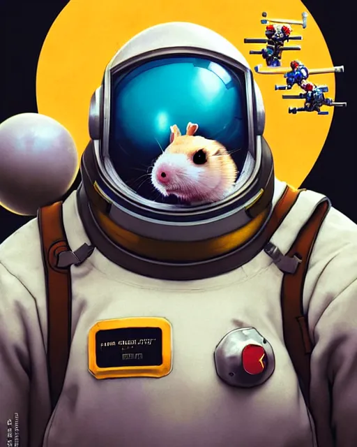 Prompt: wrecking ball the hamster from overwatch, dressed as an astronaut, character portrait, portrait, close up, concept art, intricate details, highly detailed, vintage sci - fi poster, retro future, in the style of chris foss, rodger dean, moebius, michael whelan, and gustave dore