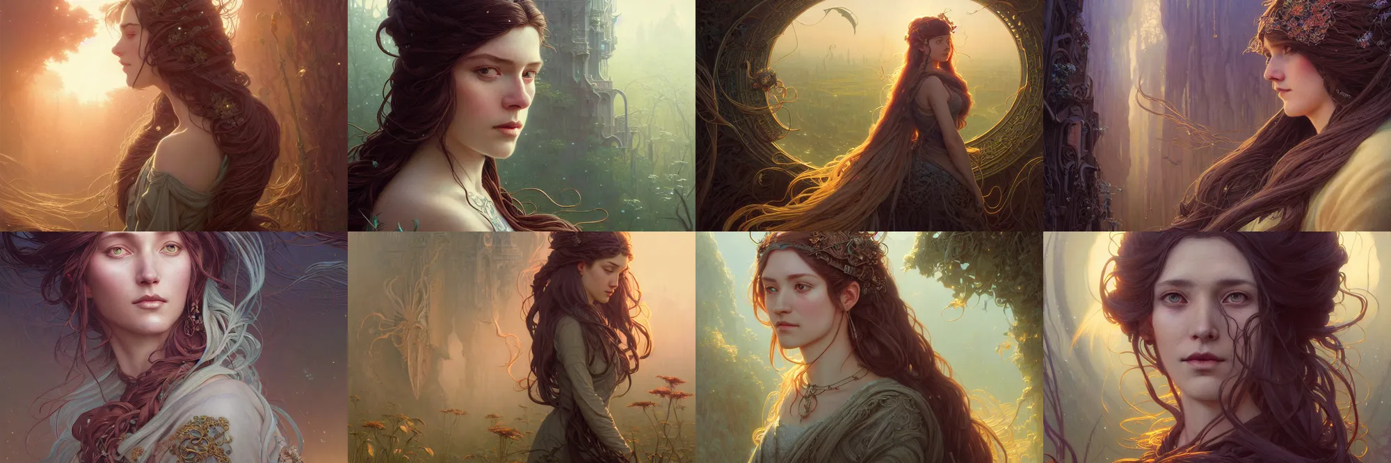 Image similar to highly detailed portrait of a woman with long hairs, stephen bliss, unreal engine, fantasy art by greg rutkowski, art nouveau, loish, rhads, ferdinand knab, makoto shinkai and lois van baarle, ilya kuvshinov, rossdraws, tom bagshaw, alphonse mucha, global illumination, radiant light, detailed and intricate environment