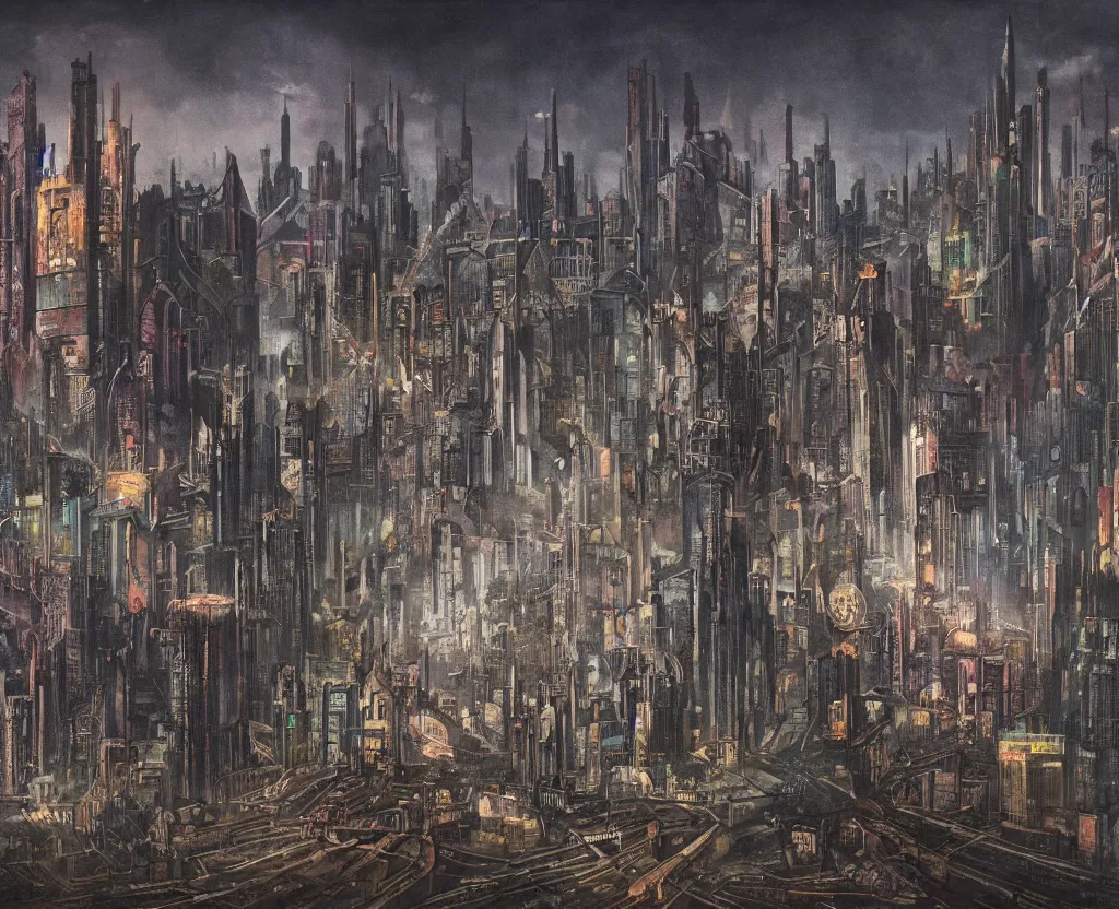 Prompt: a Dystopian gothic surrealism painting of a cyberpunk megalopolis