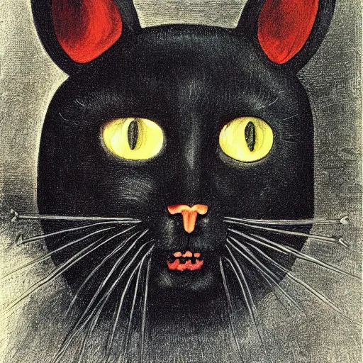 Prompt: a black cat possessed by satan, painting in the style of hieronymus bosch