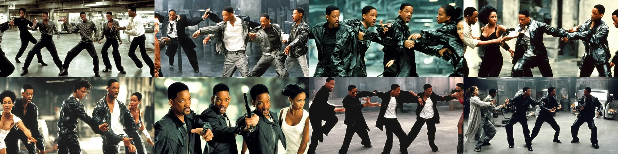 Prompt: will smith, jada pinkett smith, and chris rock in a fight scene from the matrix