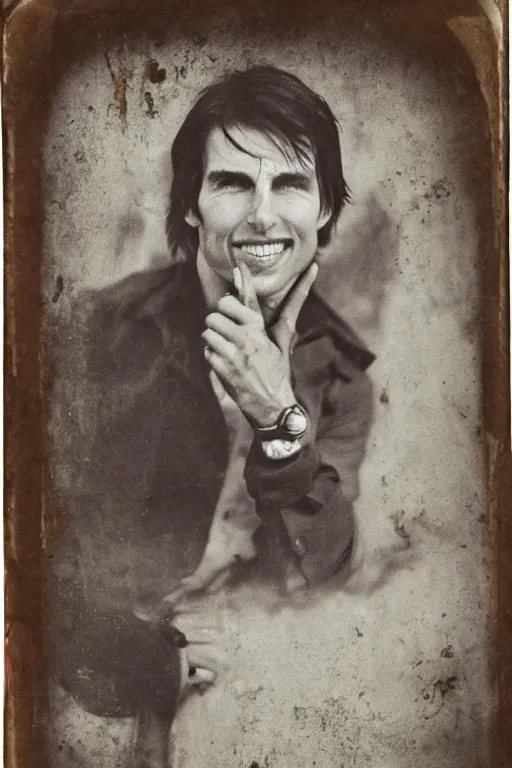 Prompt: disturbing daguerreotype of tom cruise with a creepy grin