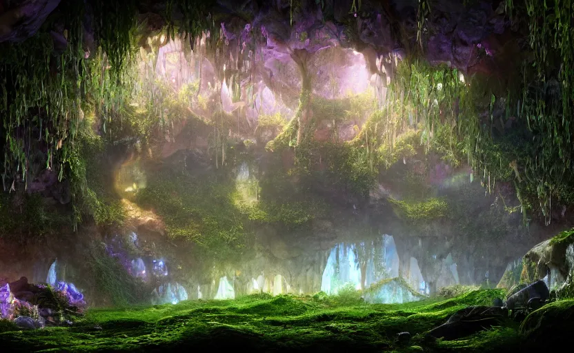 Image similar to a beautiful and stunning digital render of a humongous crystal cave, dimly glowing mushrooms, vines, haze, waterfall, volumetric lighting, photorealistic, unreal engine 5, ultra detail, trending on artstation