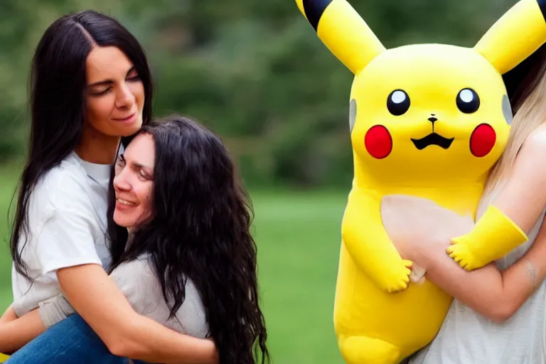 Image similar to a young skinny woman with long dark hair hugging a pikachu