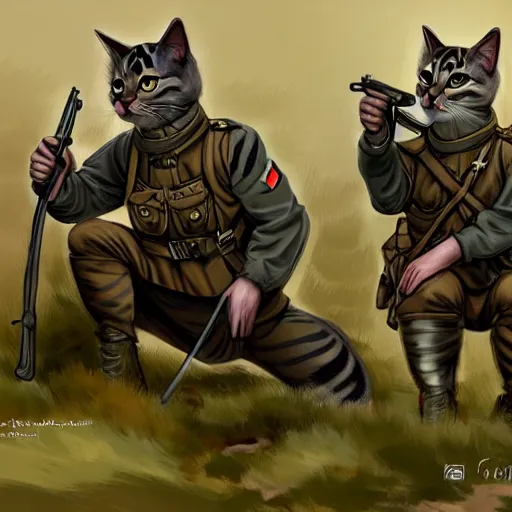 Image similar to soldier cats in British WWI gear waiting in the trenches for the next battle, 4k, concept art, artstation,