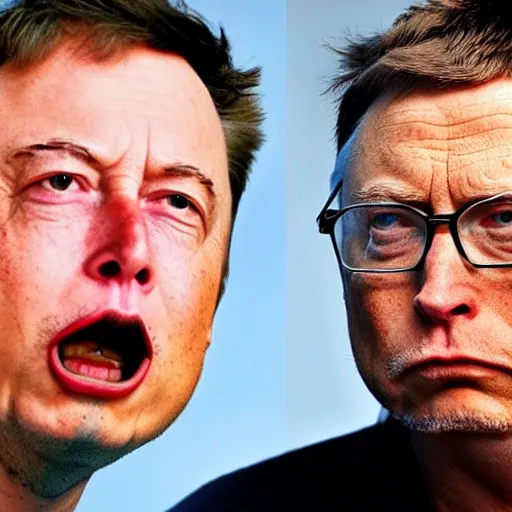 Image similar to Two Angry Cats, Grump Elon Musk Cat and Grumpy Bill Gates Cat, Cats with Humanlike faces, firm frown