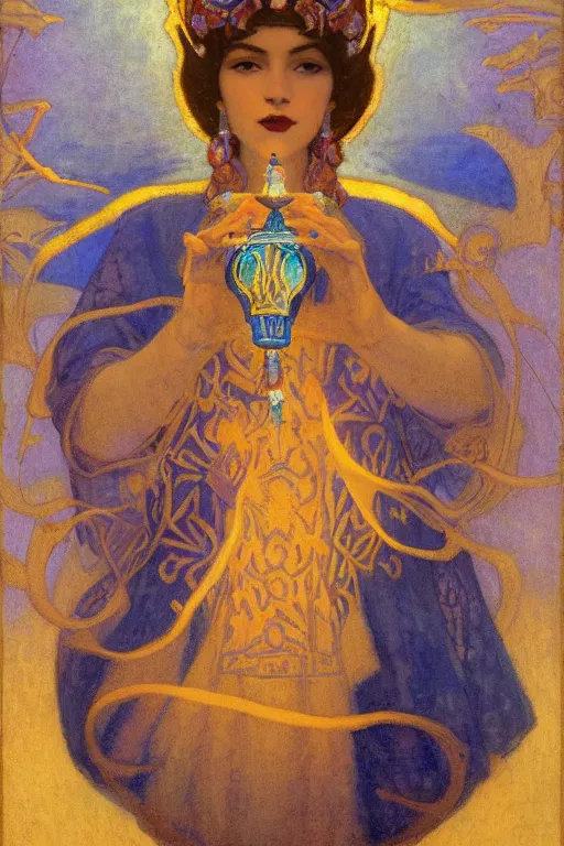 Image similar to queen of the dawn with her lantern and birds, by Nicholas Roerich and Gaston Bussière and jean delville and Annie Swynnerton, elaborate headdress and embroidered velvet, iridescent beetles, rich color, dramatic cinematic lighting, extremely detailed