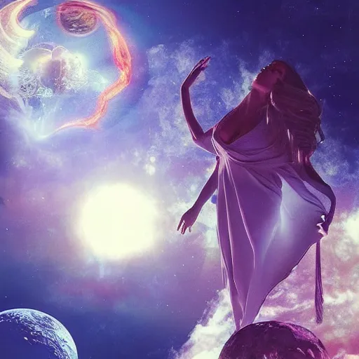 Prompt: a goddess up there, concept art aesthetics, on fire, photoshop, colossal, creative and cool, giant, photo manipulation, planets, outer space, smoke, destruction