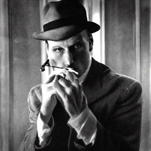 Image similar to jerma 9 8 5 as a private investigator, noir style, 1 9 4 0's, film photograph, high detail, smoking a cigarette, grainy