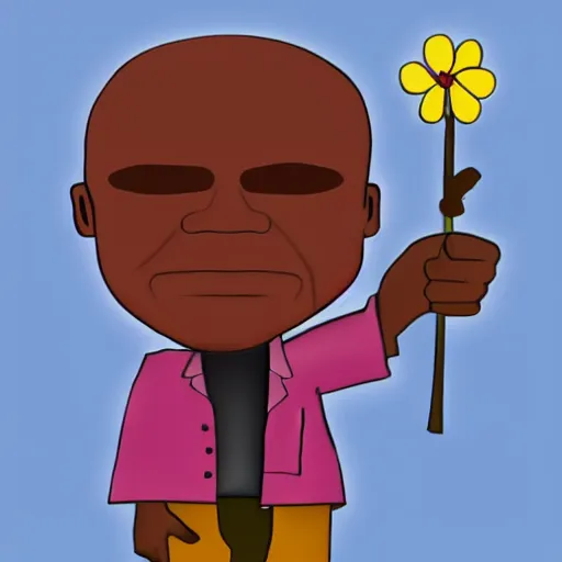 Prompt: a stylized cartoon of samuel l jackson with a pink flower in his hand