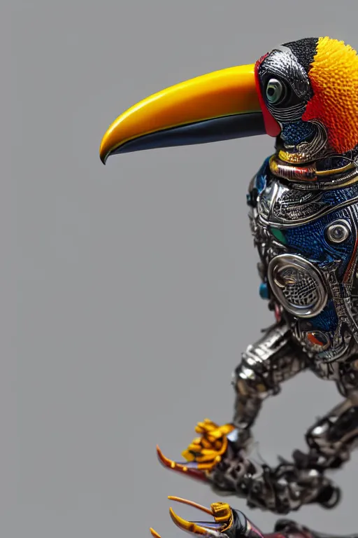 Image similar to a macro photo of a cyborg toucan miniature figurine, dynamic pose, chrome parts, intricate details, intricately detailed textures, warm lighting, vivid colors, realistic octane render, hyper realistic render, volumetric shading, depth of field, raytracing, 8 k,