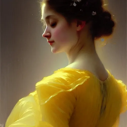 Image similar to a woman in a yellow organza dress dancing, intricate, elegant, digital painting, realistic, concept art, smooth, sharp focus, illustration, by ruan jia and mandy jurgens and william - adolphe bouguereau, artgerm