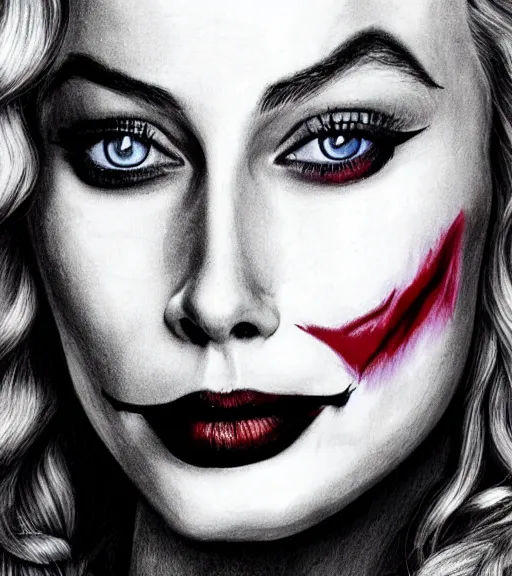 Image similar to margot robbie portrait with light joker makeup, pencil drawing, realistic face, beautiful eyes, smiling, hyper realistic, highly detailed