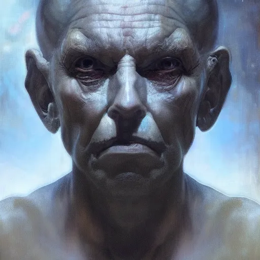 Image similar to hyperrealist portrait of an ancient old alien with large cruel intelligent eyes and a huge head standing in front of a computer interface by jeremy mann and alphonse mucha and goya, fantasy art, photo realistic, dynamic lighting, artstation, poster, volumetric lighting, very detailed faces, award winning, full face, symmetry