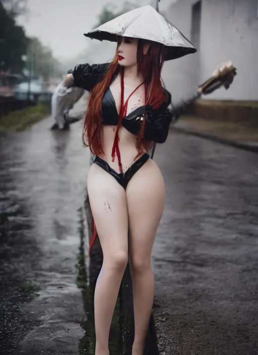 Prompt: pinup asuna from sao sitting on top of a wet sidewalk, a photo by rodolfo escalera, unsplash, hypermodernism, ominous vibe, ominous, apocalypse landscape