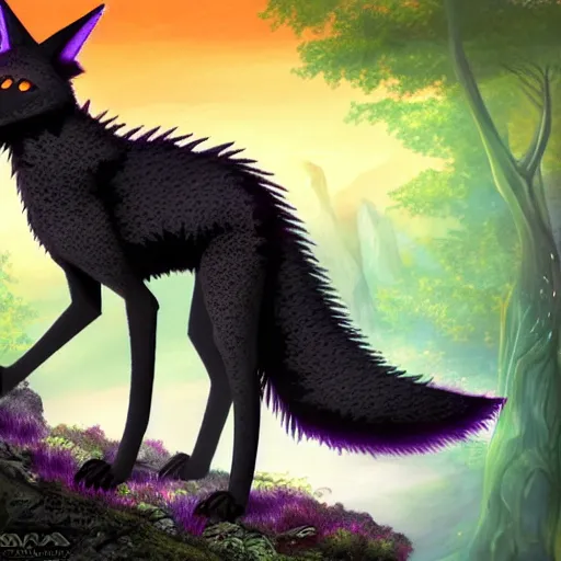 Image similar to black fox dragon hybrid with purple eyes, in a fantasy forest scene at sunset