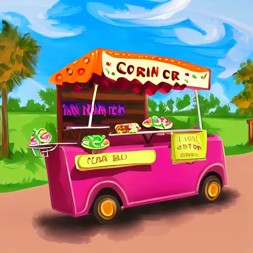 Image similar to crocodile man driving an ice cream cart, fantasy, digital art