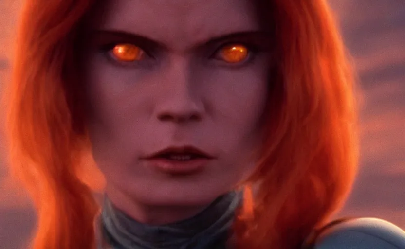 Image similar to screenshot of Julian Moore as Mara Jade, the female jedi, from the film 2001 Space Oddyssey (1968) directed by Stanley Kubrick, 4k still frame, windy hair, cinematic lighting, stunning cinematography, hyper detailed scene, anamorphic lenses, kodak color film stock