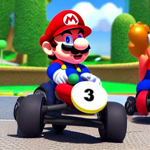 Image similar to mario kart in real life uncanny valley incredible photography photorealistic hyperrealism realistical lifelike