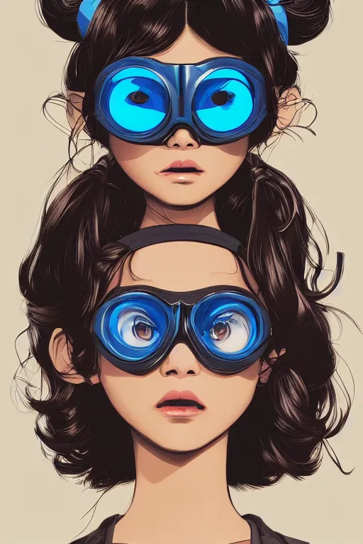 Prompt: face of a beautiful girl wearing goggles, dark skin, big hair, symmetrical, ilya kuvshinov, jamie hewlett, yoji shinkawa, muted colors, portrait, beautiful detailed illustration, 17th century oil painting, flat colors, studio ghibli, cel shading, loish, pop art,