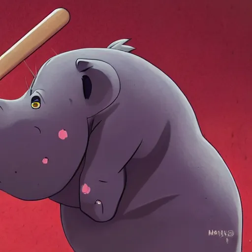 Image similar to a dumb looking hippo wearing a baseball bat, illustration concept art anime key visual trending pixiv fanbox by wlop and greg rutkowski and makoto shinkai and studio ghibli and kyoto animation symmetrical facial features