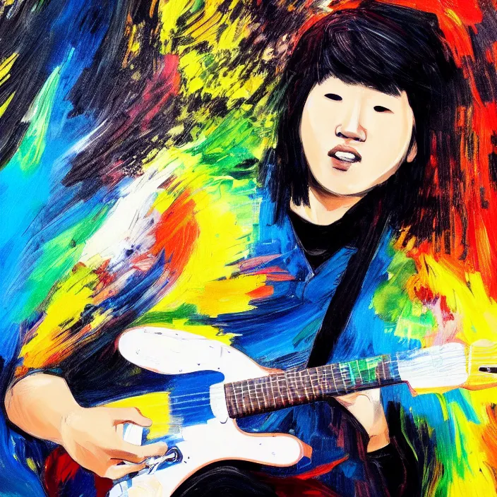 Prompt: abstract large swirly brush strokes painting of a young korean man wearing black low neck t shirt holding a telecaster!!! electric guitar!!, candid!! dark background, huge thick flowing dramatic brush strokes, matte colors, abstract, emotional masterpiece, impressionist, trending on artstation