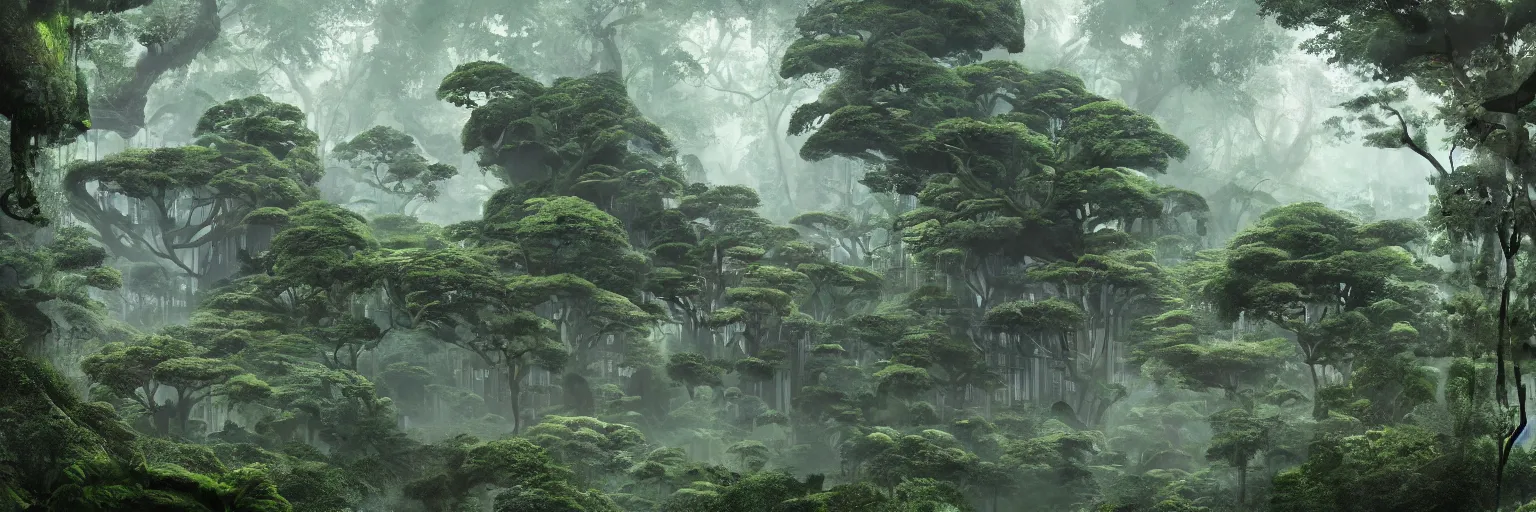 Image similar to A building inspired by Japanese Metabolism architecture deep in the rainforest. The building features the shape of a mycelium network. Intricate. Highly detailed. High majestic trees, marvelous nature. Sense of awe. Cinematic. Mist. Low angle wide shot. 8k. Digital painting in the style of Pascal Blanche and Craig Mullins