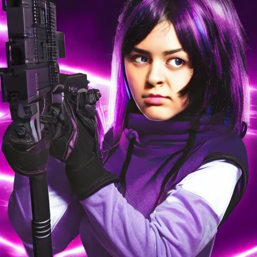 Image similar to poster artwork, sci fi, a female, full body, black hoodie techie, black hair with purple streaks, holding a gun, 8 k