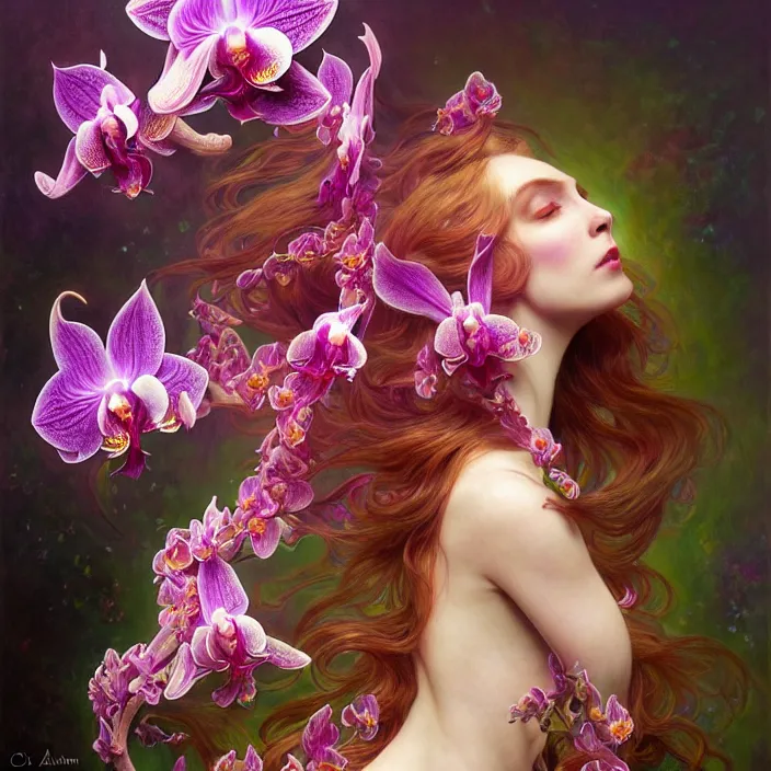 Image similar to psychedelic creature made of orchids, diffuse lighting, fantasy, intricate, elegant, highly detailed, lifelike, photorealistic, digital painting, artstation, illustration, concept art, smooth, sharp focus, art by John Collier and Albert Aublet and Krenz Cushart and Artem Demura and Alphonse Mucha