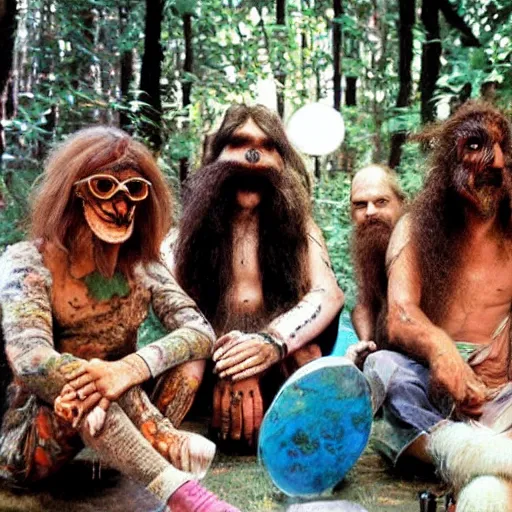 Prompt: hippies on another planet, jim henson creature shop, realistic