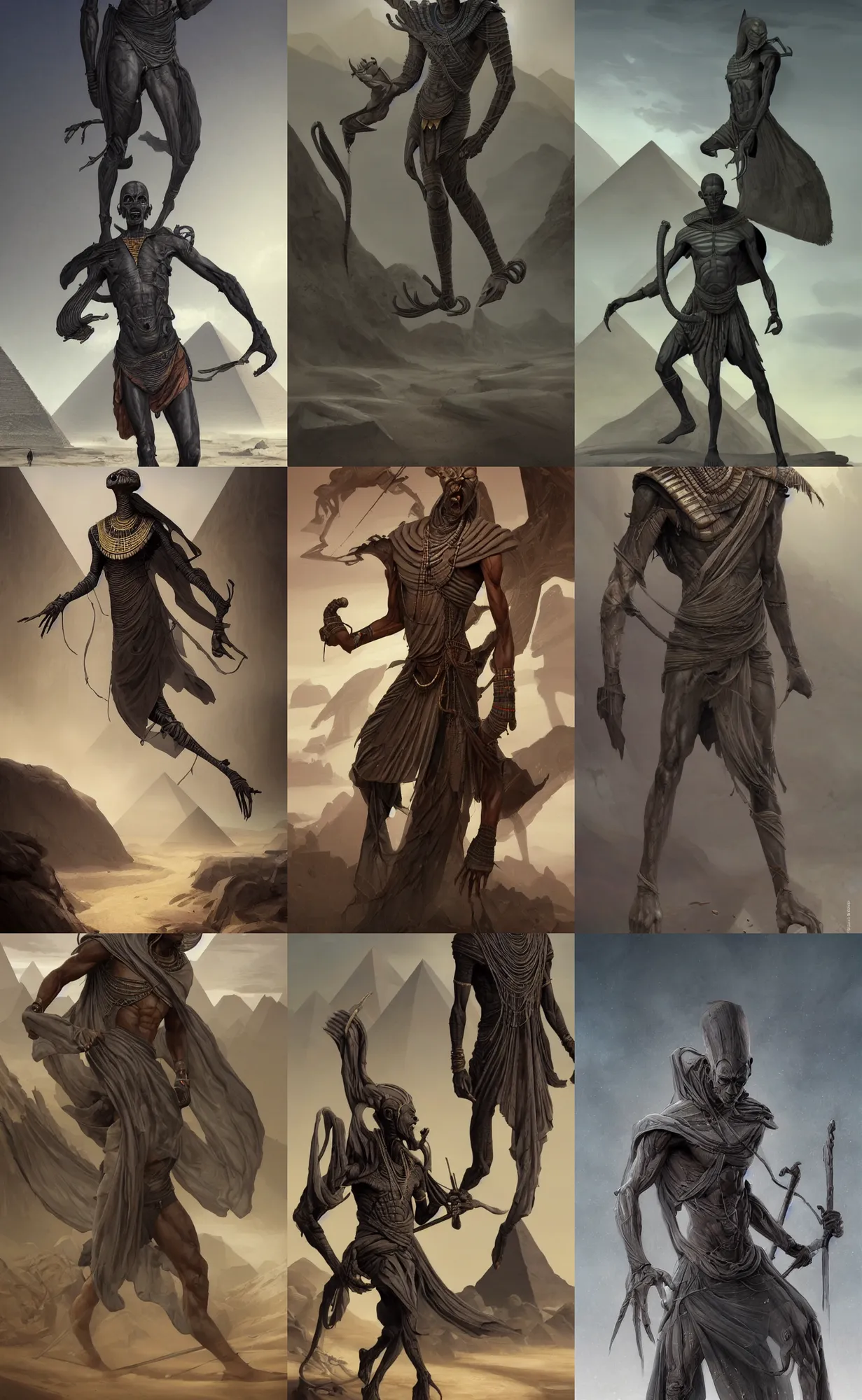 Prompt: dark grey skin, thin corpse, egyptian mummy king, male, full body shot, black sterile desert background, highly detailed, digital painting, artstation, concept art, sharp focus, illustration, orientalism, art by aleksi briclot and mohrbacher and raphael lacoste and magali villeneuve