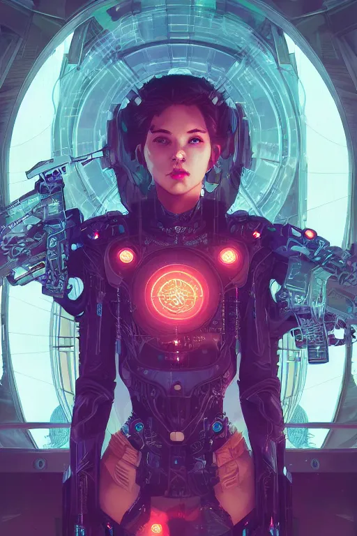 Image similar to portrait futuristic Cyber warrior Girl, in future cyberpunk tokyo rooftop , ssci-fi, fantasy, intricate, very very beautiful, elegant, neon light, highly detailed, digital painting, artstation, concept art, smooth, sharp focus, illustration, art by alphonse mucha and tian zi and WLOP