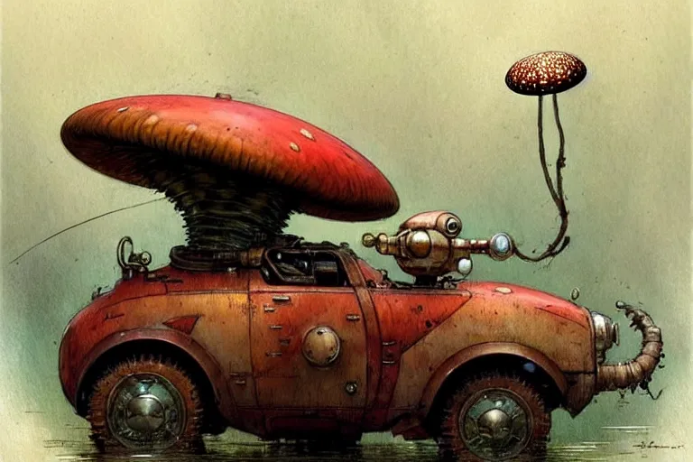 Image similar to adventurer ( ( ( ( ( 1 9 5 0 s retro future robot mouse amphibious vehical home. muted colors. swamp mushrooms ) ) ) ) ) by jean baptiste monge!!!!!!!!!!!!!!!!!!!!!!!!! chrome red