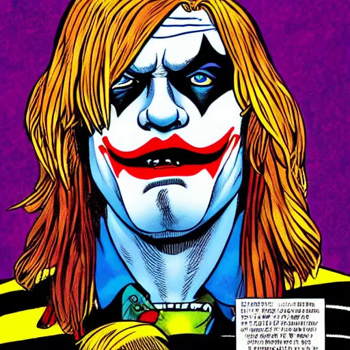 Image similar to dynamic macro head portrait of kurt cobain as the joker by john romita sr and cory walker and ryan ottley and jack kirby and barry windsor - smith, comic, illustration, photo real