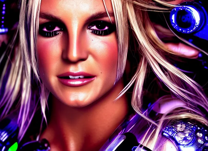 Prompt: super macro of britney spears. fantasy cyberpunk style. highly detailed 8 k. intricate. nikon d 8 5 0 3 0 0 mm. award winning photography.