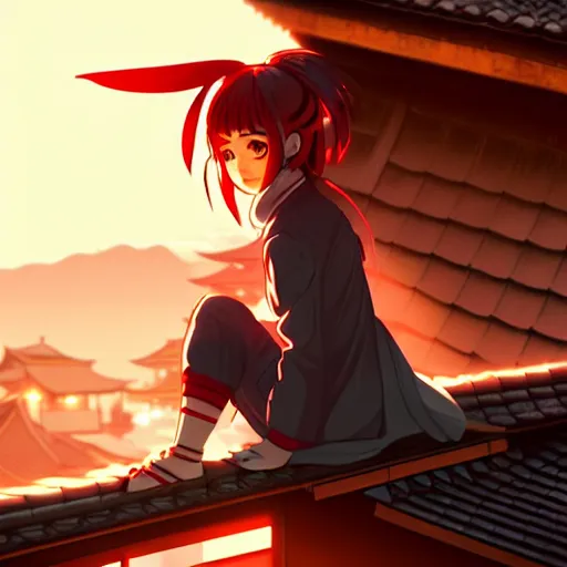 Image similar to digital anime art in the style of netflix arcane, cute female ninja sitting on an old japanese roof at golden hour, wlop, ilya kuvshinov, backlit