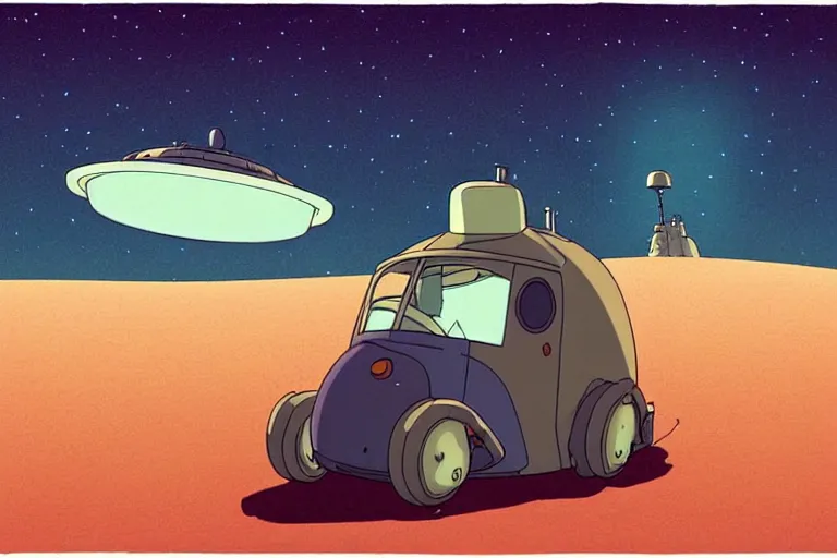 Image similar to a study of a cell shaded cartoon of a giant ufo from howl's moving castle ( 2 0 0 4 ) at night on a desert road, full body, wide shot, very muted colors, post grunge, studio ghibli, laurie greasley, highly detailed, deviantart, art by artgem