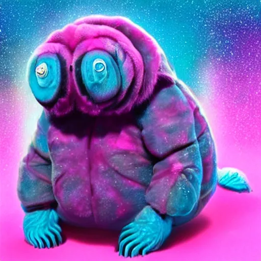 Prompt: tardigrade, water bear, covered in diamonds and pink fur, psychedelic, iridescent