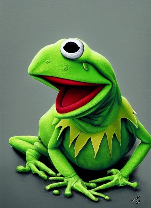 Image similar to portrait of Kermit the frog in Antichrist (2009), highly detailed, centered, solid color background, digital painting, artstation, concept art, smooth, sharp focus, illustration, artgerm, donato giancola, Joseph Christian Leyendecker, Les Edwards, Ed Repka, WLOP, Artgerm