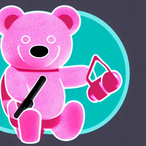 Image similar to iconic vector logo of cute cuddly pink bear with a podcast microphone, melodic, headphones, music, streaming, dreamy, isometric, adorable, octane render, golden ratio, 4k UHD, iconic design