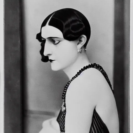 Image similar to photograph of a woman wearing weimar berlin fashion, 1 9 2 0's, looking at the camera, aesthetic, elaborate, intricate, highly detailed, detailed face, photorealism, smooth, sharp focus, rim light, art by man ray,