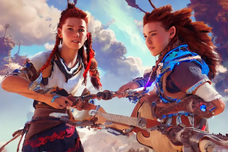 Image similar to cinematic picture of aloy from the horizon zero dawn videogame playing the guitar in the international space station, digitla art trending on artstation