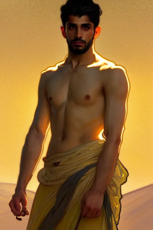 Prompt: full figure beautiful young fit arabian man, luminous scene, by greg rutkowski and alphonse mucha, d & d character, gradient white to gold, in front of a dune desert background, highly detailed portrait, digital painting, artstation, concept art, smooth, sharp focus illustration, artstation hq