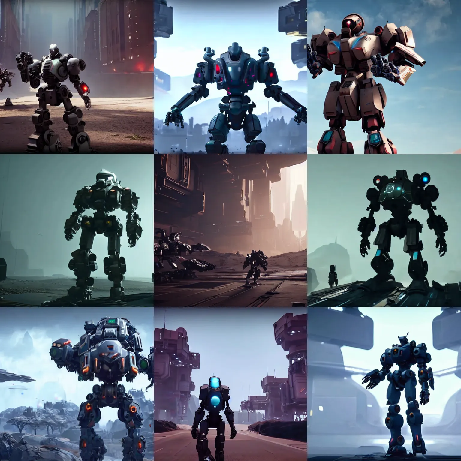 Prompt: cinematic still in 2 0 2 0 / 2 0 2 1 / 2 0 2 2 unity demo video, no text, mech warrior