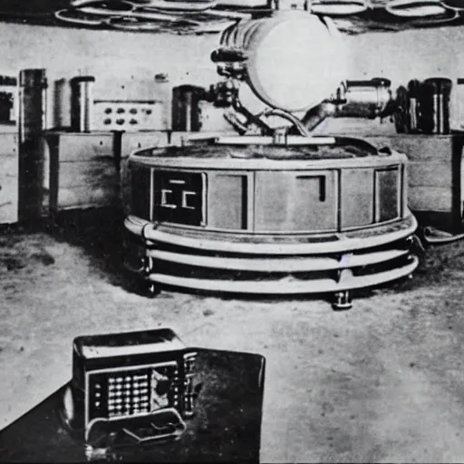 Image similar to interior photo of alien laboratory with strange device at the center of a room