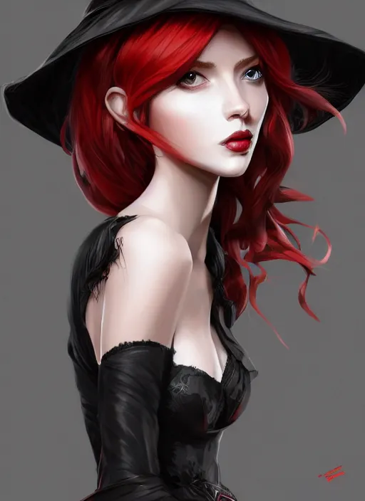 Image similar to a highly detailed illustration of tall beautiful red haired lady wearing black noir dress and black sun hat, elegant pose, perfect face, perfect body, perfect eyes, intricate, elegant, highly detailed, centered, digital painting, artstation, concept art, smooth, sharp focus, league of legends concept art, wlop.