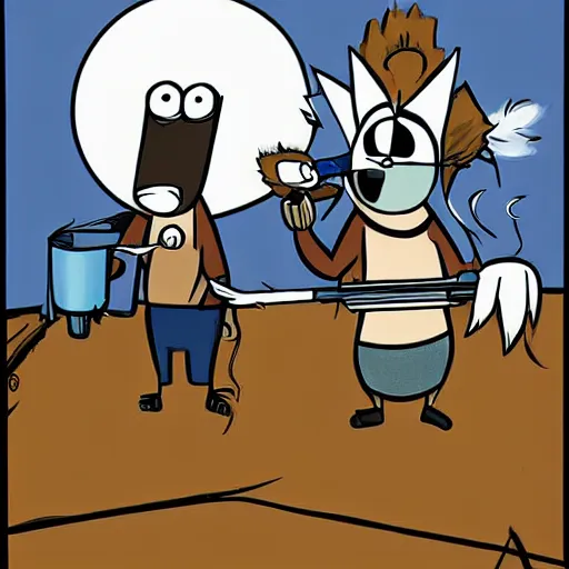 Prompt: mordecai and rigby smoking a bong