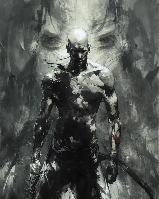 Image similar to tall bald man, standing, wielding a large axe, spike through two eyes, large spike through eyes, black robe, painting by yoji shinkawa, alphonse murac, craig mullins, sui ishida, yoshikata amano, collaborative painting, very detailed and high quality, 4 k, 8 k, artstation