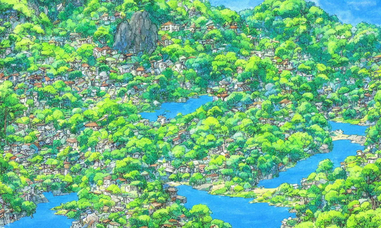 Prompt: a village down the mountain, river across the painting, blue sky, summer, green, sunshine, trees, by studio ghibli and hayao miyazaki