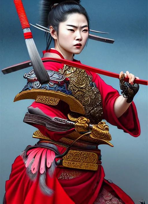 Image similar to ultra realistic illustration of a wrathful samurai warrior woman dressed in red holding a lotus flower, killing street thugs dressed in blue garb, cinematic scene, intricate, elegant, highly detailed, lotus flower, digital painting, artstation, concept art, smooth, sharp focus, illustration, art by artgerm and greg rutkowski and alphonse mucha and wlop